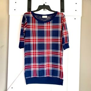 Women’s Bobbie Brooks Blue and Red Plaid Lace 3/4 Sleeve Long Top Medium